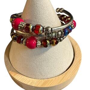 Red & Oil Sheen Beaded Silver Plated Memory Wire Bracelet